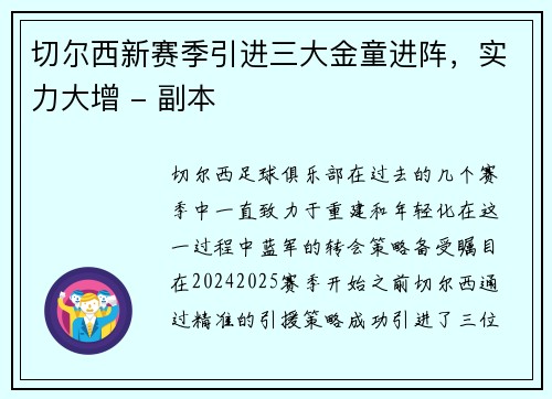 切尔西新赛季引进三大金童进阵，实力大增 - 副本