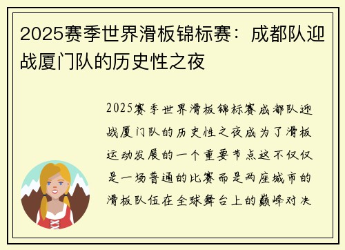 2025赛季世界滑板锦标赛：成都队迎战厦门队的历史性之夜